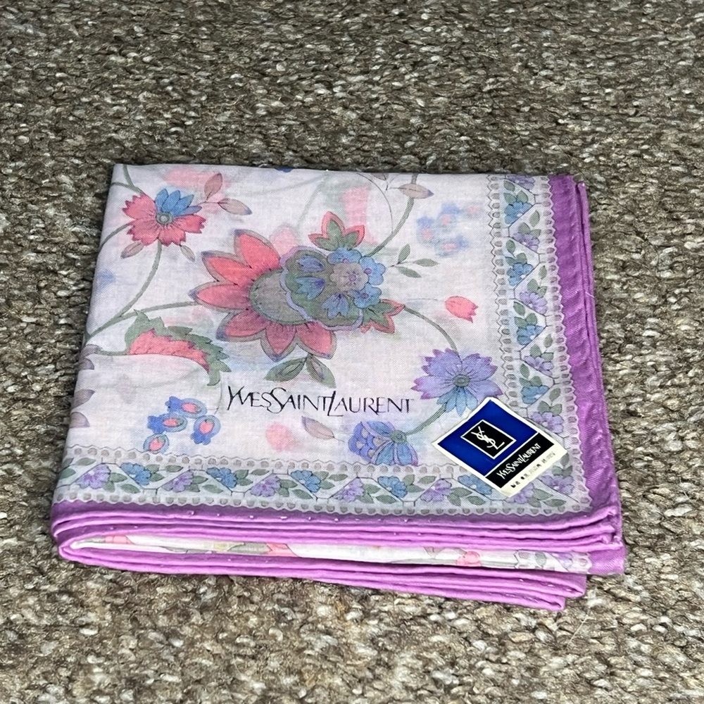 YSL Yves Saint Laurent Handkerchief Pocket Square Pastel Purple Multicolor Flora
